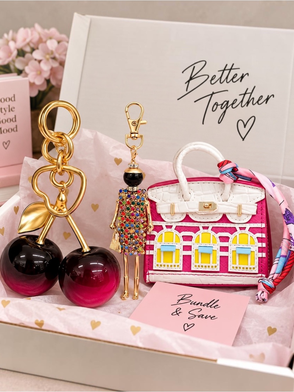 Bundle 3 Fashion Keychain Mini bag-doll keychain-Big cherry keychain NWT